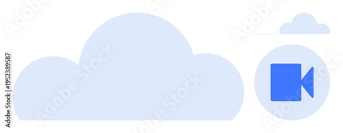 Video streaming, online media, data storage, cloud sharing, digital communication, virtual meetings. Large cloud with video camera icon. Video streaming and online media concept