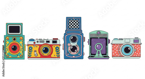 Collection of diverse vintage cameras with unique artistic designs and colorful retro aesthetics