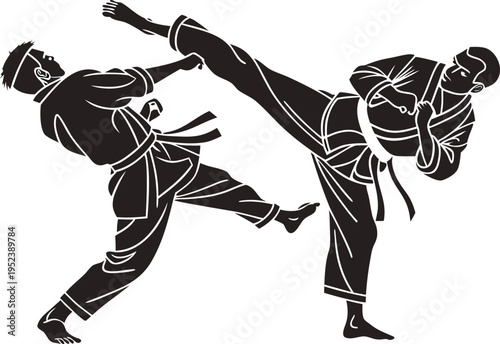 Two Karate Fighters Sparring Silhouette Vector, Dynamic Martial Arts Motion Monochrome Sports Clip Art