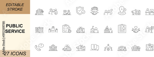 Clean public service line icon set featuring community help, civic support and safety symbols in minimal vector style for web, mobile apps and city service interfaces. Editable.