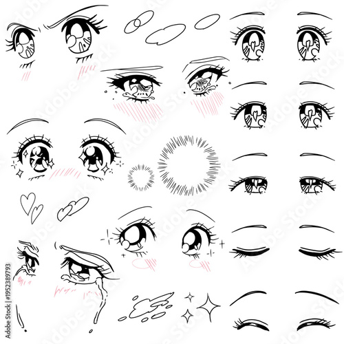 平成女児アニメ風の瞳のイラストセット 少女漫画のキャラクターの目 表情 バリエーション 手書き 昭和レトロ かわいい キラキラ 泣き顔 笑顔 怒り 驚き 漫画素材 パーツ 線画ベクターイラスト