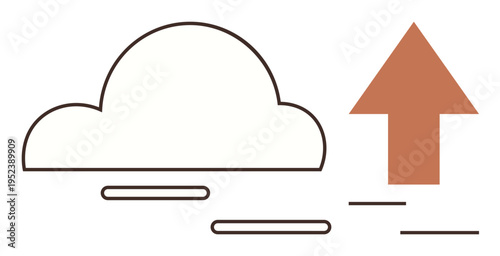 Cloud computing, data management, digital storage, online transfer, information sharing, wireless technology. Simple cloud icon with upward arrow. Cloud computing and data management concept