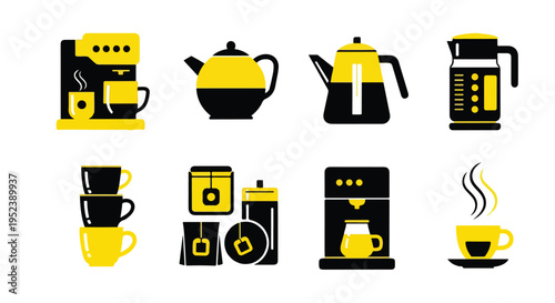 Set of 8 coffee icons vector, black and yellow
