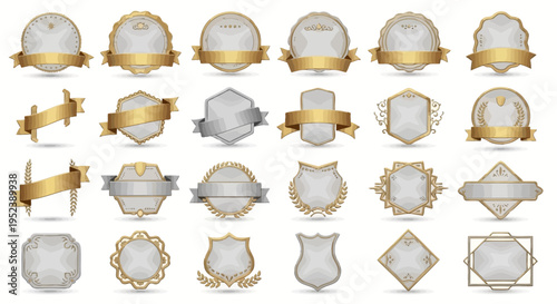 Collection of ornate golden and silver badges, emblems, and frames with ribbons for awards and certificates