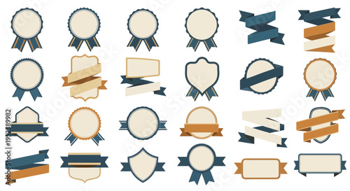 Collection of Vintage Award Ribbons, Badges, and Banners for Design Elements