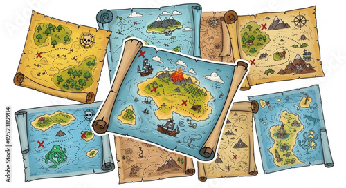 Collection of vintage pirate treasure maps, each depicting a different island with unique landmarks, routes, and crosses marking hidden riches