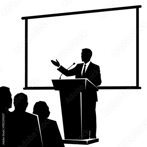 Businessman Speaking at Podium Presentation Event.