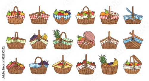 Collection of various picnic baskets filled with colorful fruits, showcasing a delightful assortment of woven containers for outdoor dining