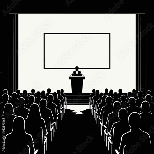 Speaker at Podium Addressing Audience in Dark Room.