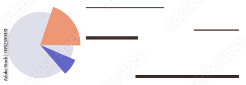 Data analytics, business intelligence, trend analysis, presentation tools, data , statistics. Pie chart with segments and horizontal bars. Data analytics and business intelligence concept