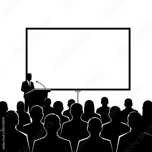 Businessman presenting to audience with projector screen.