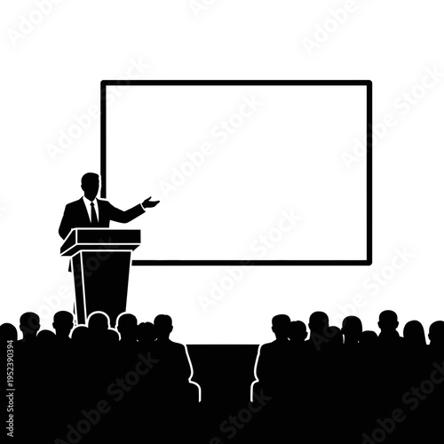 Man Presenting to Audience at Podium.