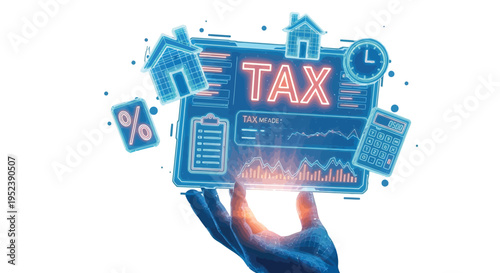 Hand holding a digital display illustrating tax season and financial data