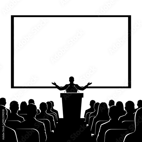 Silhouette of speaker at podium addressing audience.