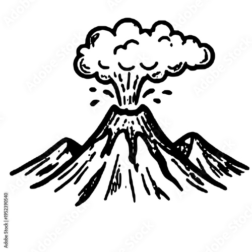 Hand-drawn volcanic eruption illustration with smoke and lava, ideal for nature, geology, and disaster themed designs.