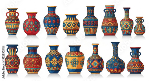 A vibrant collection of traditional ornamental ceramic vases, showcasing intricate ethnic patterns and rich cultural designs, perfect for home decor and artistic inspiration