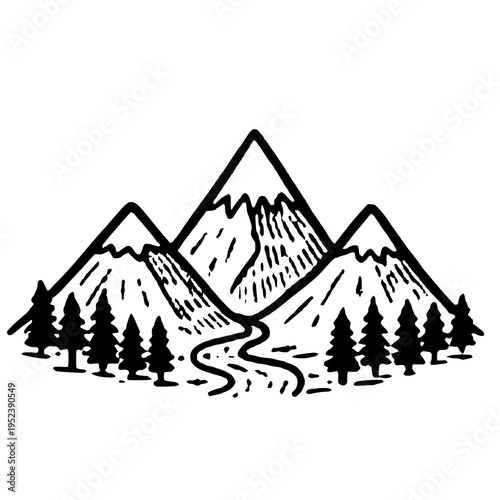 Hand-drawn mountain landscape with river and pine trees, ideal for nature, hiking, wilderness, and outdoor themed designs.