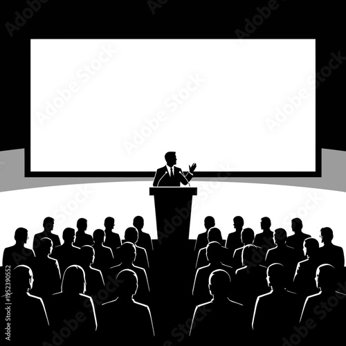Businessman Giving Presentation to Audience in Dark Room.