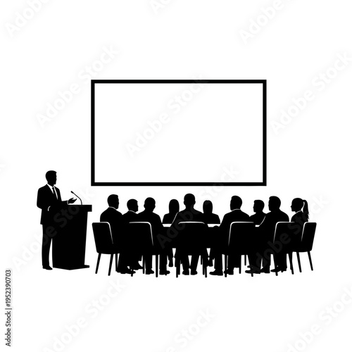 Businessman presenting to seated colleagues in meeting.
