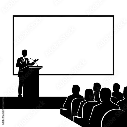 Man Presenting to Audience at Podium.