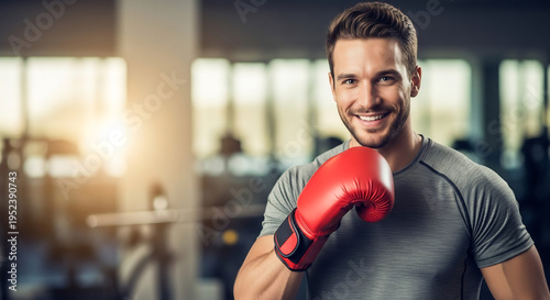 笑顔の男と赤いボクシンググローブ