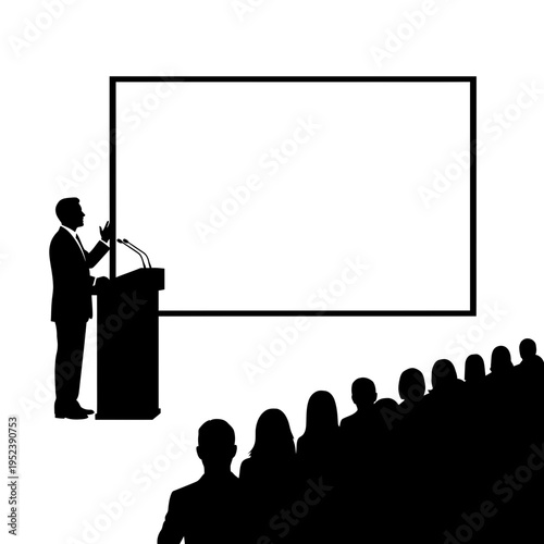 Businessman giving presentation to audience at podium.