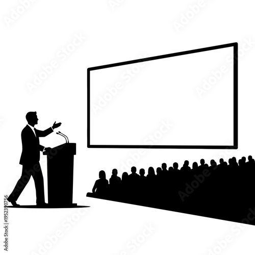 Man Presenting to Audience at Podium.