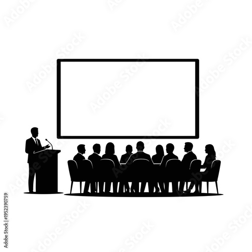 Businessman presenting to seated audience in meeting.