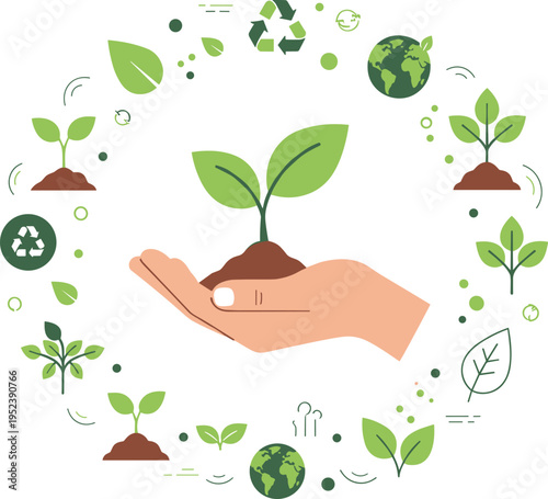 Eco plant care concept with hand holding seedling, sustainability and environmental protection illustration, green growth vector for nature and recycling design