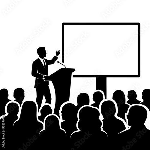 Businessman presenting to audience at podium.