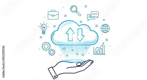 Cloud computing concept with data transfer and business icons presented