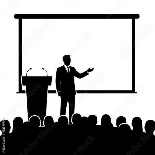 Businessman giving presentation to audience at podium.