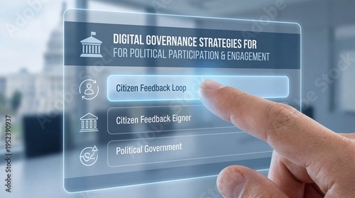 Finger interacting with a digital interface displaying governance strategies in an elegant, modern workspace