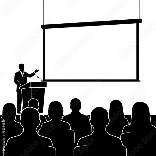 Man presenting to audience at podium.