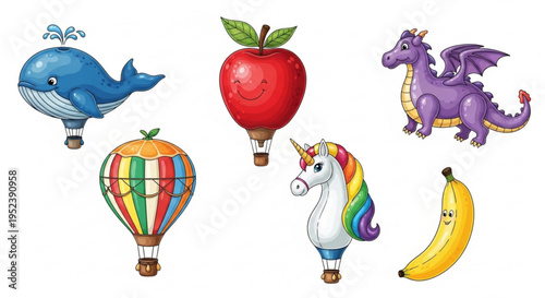 A whimsical collection of cartoon hot air balloons shaped like a whale, apple, dragon, unicorn, banana, and a traditional striped balloon