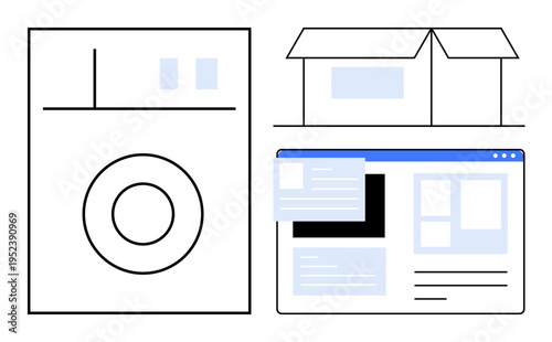 E-commerce, online shopping, logistics, product delivery, digital marketplaces, customer fulfillment. Minimalist washing machine, product box and website interface. E-commerce and logistics concept