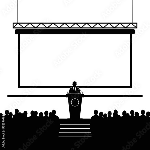 Man Speaking at Podium to Audience.