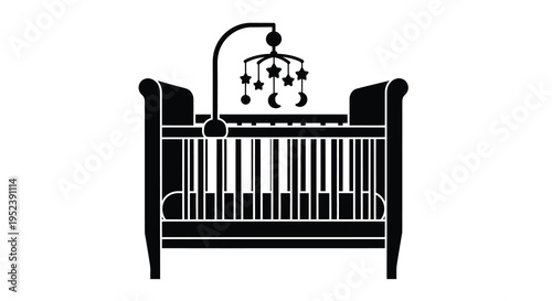 Black silhouette of a baby crib with a mobile hanging above it