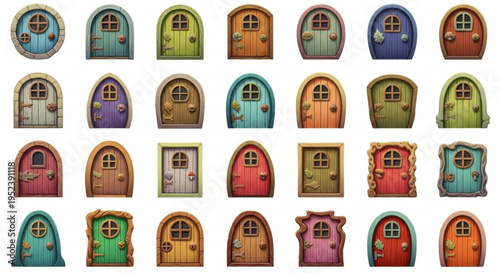 Collection of whimsical fairy tale doors, each uniquely designed with charming details and rustic wooden textures for fantasy game assets