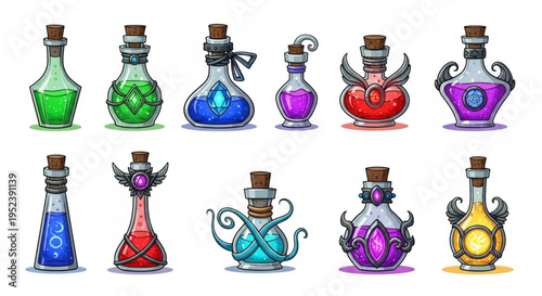 Collection of magical potions and elixirs in ornate glass bottles with decorative caps, symbolizing fantasy and enchantment