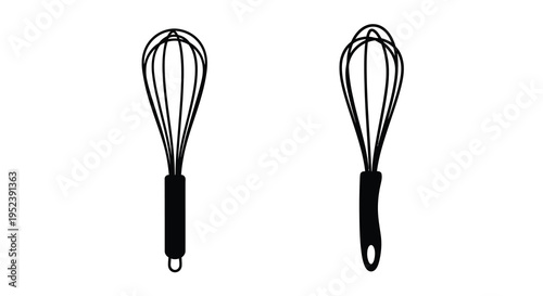Two black wire whisks displayed against a plain white background silhouette