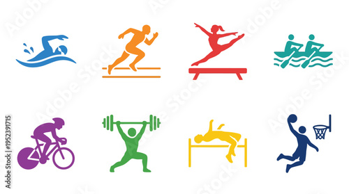 Dynamic collection of colorful sports icons representing various athletic competitions and physical fitness activities, perfect for design projects.