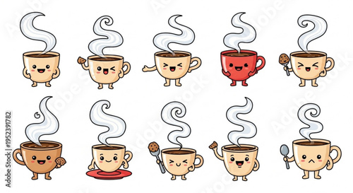 Collection of cute and funny coffee cups with expressive faces, perfect for adding charm to your designs