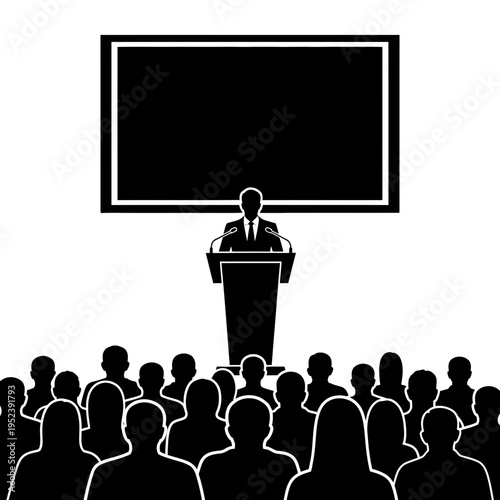 Businessman Speaking at Podium to Audience.