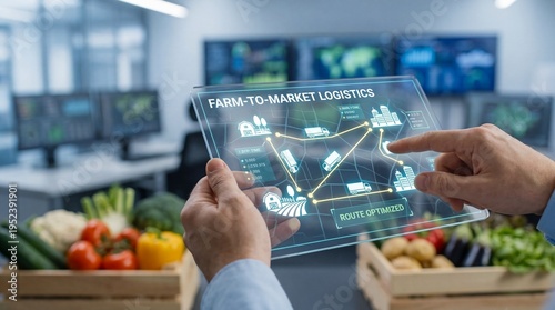 Hands interacting with a transparent digital interface displaying farm-to-market logistics and agricultural visuals in a modern office environment