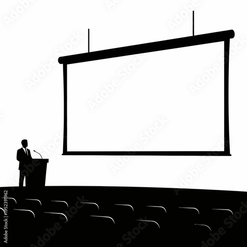 Man presenting at empty projector screen.