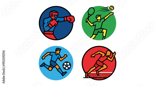 Bold, geometric sports icon collection. Athletes engaged in boxing, tennis, soccer, running events. Vibrant vector illustrations.