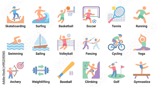 Diverse Flat Design Sports Icon Set Showcasing Various Athletic Activities, Games, and Fitness Exercises Collection