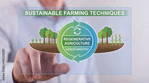 Man interacting with digital display illustrating sustainable farming techniques and regenerative agriculture concepts