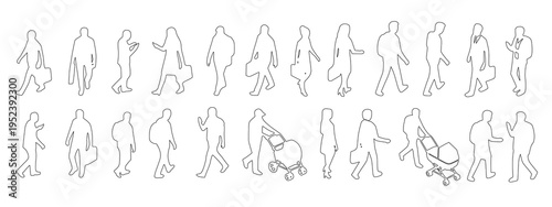 Hand-drawn outline people walking on white